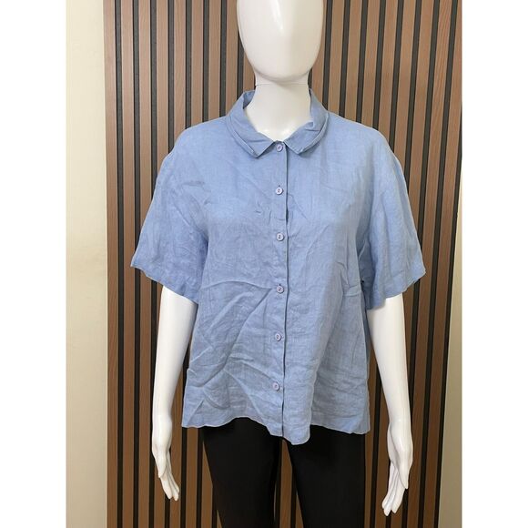 Eileen Fisher Women's L Blue Button-Up 100%Linen Shirt Casual Beach Outdoor Boho - Picture 1 of 7